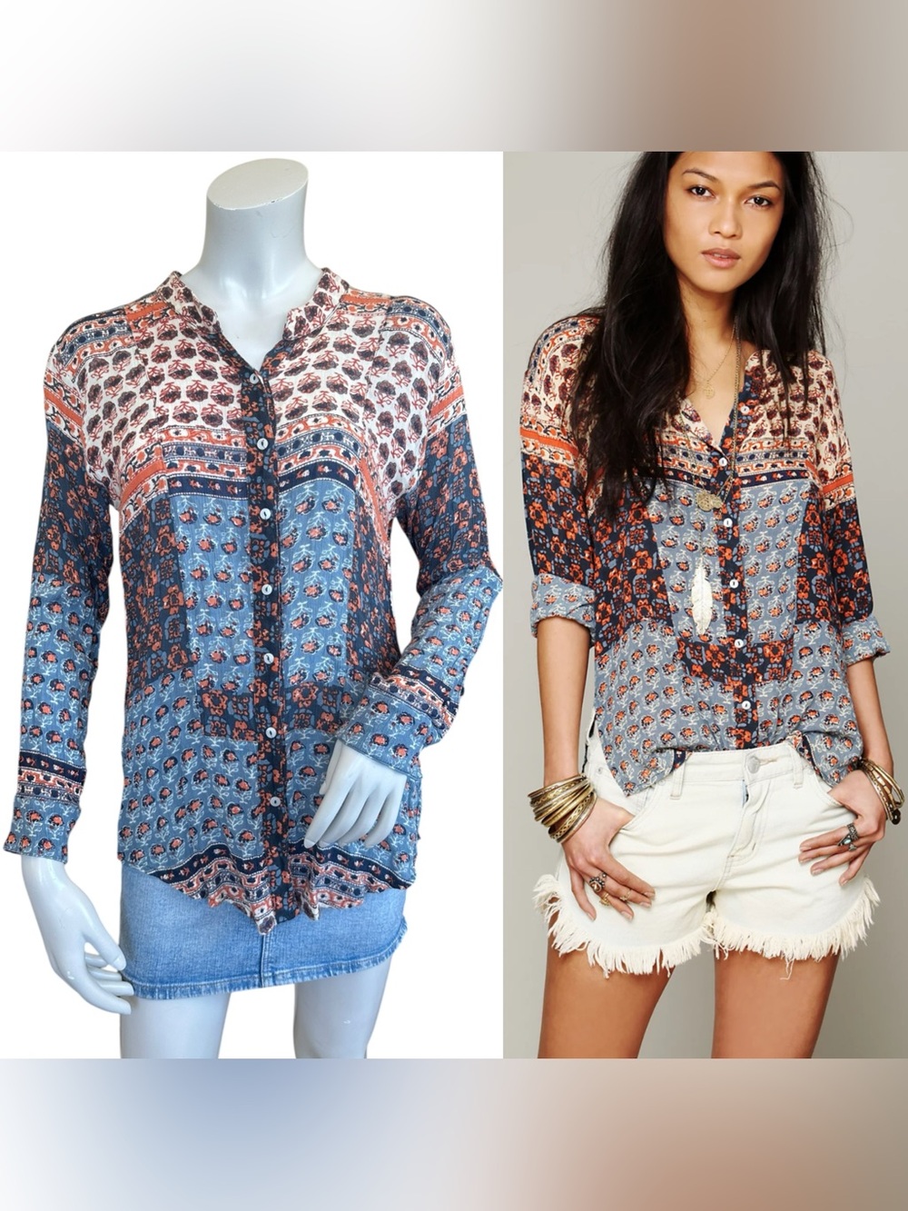 Free People Samba Orange Blue Paisley Tapestry Patchwork Boho Button Up Shirt XS